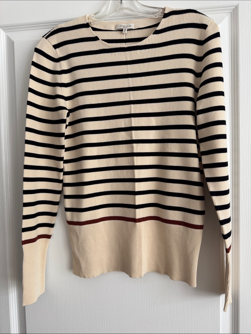 Lafayette 148 New York Cream and Black Striped Ribbed Crewneck Sweater